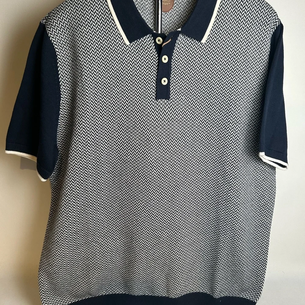 Blue and White Polo Shirt with Geometric Pattern - Picture 2 of 12
